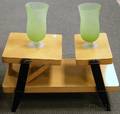 Midcentury Partebonized and Blondewood End Table and a Pair of Frosted Green Spiral Pattern Art Glass Footed Vases