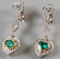 14kt White Gold Emerald and Diamond Heart Earpendants