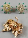 Two 14kt Gold Emerald and Diamond Jewelry Items