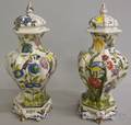 Pair of French Tin Glazed Earthenware Covered Vases on Stands