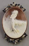 18kt White Gold Diamond and Sapphireframed Shellcarved Cameo PendantBrooch