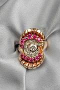 Retro 14kt Rose Gold Synthetic Ruby and Diamond Ring