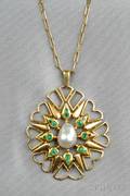 14kt Gold Baroque Pearl and Emerald Pendant