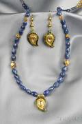18kt Gold Enamel Diamond and Sapphire Bead Necklace and Earpendants