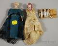 Two Dollhouse Dolls and Three Tiny Bisque Dolls