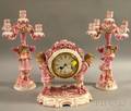 Threepiece Pink Porcelain Figural Clock and Garniture Set