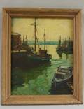 Framed Oil on Canvasboard Depicting Boats Docked in a Harbor