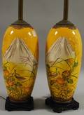 Pair of Japanese Satsuma Yellow Ground Vases with Handpainted Praying Mantis and Floral and Mt Fuji Decoration