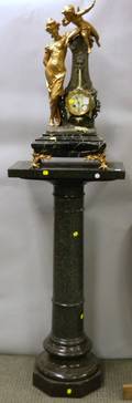 French Giltmetal and Marble Figural Clock on Marble Pedestal