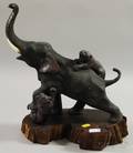 Japanese Patinated Cast Bronze Elephant and Tigers Sculpture