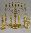 Brass Sevenlight Candelabrum and Three Pairs of Candlesticks