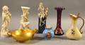 Seven Assorted Decorative Ceramic Table Items and an Enameldecorated Amethyst Vase