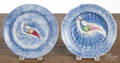 Two blue spatter peafowl plates