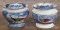 Two blue spatter peafowl sugar bowls