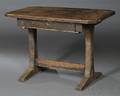Brownpainted Oak and Pine Trestlefoot Table with Drawer