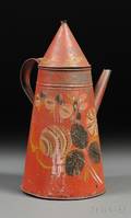 Redpainted Tinware Coffeepot with Floral Decoration