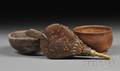 Miniature Paintdecorated Wood and Leather Bellows and Two Small Turned Bowls