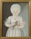 American School Late 18th Century Portrait of Mary Ann Elizabeth Thum of Philadelphia Age Two Holding a Bird