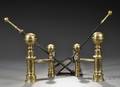 Pair of Classical Brass Belted Balltop Andirons with Two Matching Tools