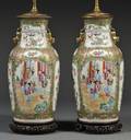 Pair of Rose Medallion Porcelain Vases Mounted as Table Lamps