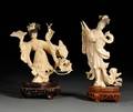 Two Ivory Ladies with Wood Stands