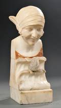 Art Deco Carved Alabaster Illuminated Bust of a Young Woman