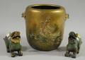 Asian Cast Brass Planter and a Pair of Chinese Carved Hardstone Foo Dogs
