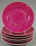 Set of Six Chinese Sgraffito Dragondecorated Pink Glazed Porcelain Plates