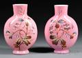 Pair of Pink Bristol Glass Moon Vases