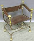 Continental Brassmounted Iron Framed Savonarola Chair with Leather Back and Seat