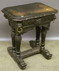 Baroquestyle Ebonized Carved Oak Onedrawer Table with Dolphinform Shoe Feet