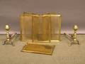 Pair of Brass Belted Balltop Andirons and a Pair of Brass and Brass Wire Folding Firescreens