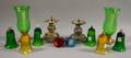 Eight Colored Glass Votive Shades a Pair of Brass Candleholders with Green Glass Shades and a Pair of Asian Metal Pricket Candleholde