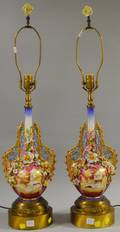 Pair of Paris Porcelain Gilt and Handpainted GarnitureTable Lamps