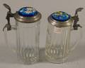 Two European Enamel Floraldecorated Turquoise Glass and Pewterlidded Colorless Glass Steins