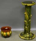 Majolica Glazed Art Pottery Pedestal Jardiniere and an Italian Faience Covered Centerpiece