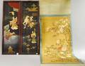 Pair of Asian Carved Hardstone Figuralmounted Lacquered Panels and a Japanese Floral Scroll