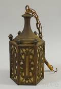 Early 20th Century Hexagonal Cast Metal and Slag Glass Panel Hanging Lamp