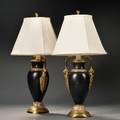 Pair of Empirestyle Blackfinished Cast Brass Vases with Figural HandlesTable Lamps