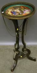 Victorian Ormolumounted Handpainted Interior Genre Scenedecorated Porcelaininset Ebonized Wood Stand
