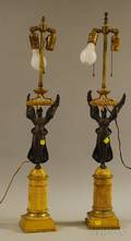 Pair of Neoclassical Patinated and Giltbronze Figural CandlestickTable Lamps