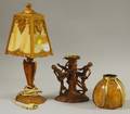 Art Deco Goldpainted Cast Metal Table Lamp with Slag Glass Panel Shade and a Painted Metal Figural Lamp with Slag Glass Shade