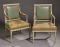 Pair of Louis XVIstyle Painted and Leatherupholstered Fauteuils