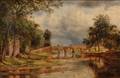 British School 19th Century River View with an Arched Stone Bridge