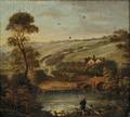 British School 18th19th Century Landscape with Riders and Fisherman by a River