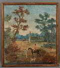 Framed Handpainted Wallpaper Fragment Depicting Figures in a Landscape Garden