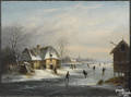 Dutch oil on canvas winter skating scene