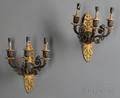 Pair of Patinated and Gilded Bronze Threelight Wall Sconces