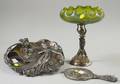 Art Nouveau Silverplated Cast Metal Figural and Iridescent Green Glass Compote Silverplated Hand Mirror and Figural Tray