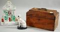 Mahogany Casketform Tea Caddy a Staffordshire Cottage Figure and Seated Spaniel Figure